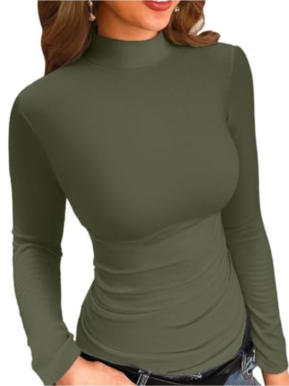Mock Neck Ribbed Knit Long Sleeve Slim Fitted Tee